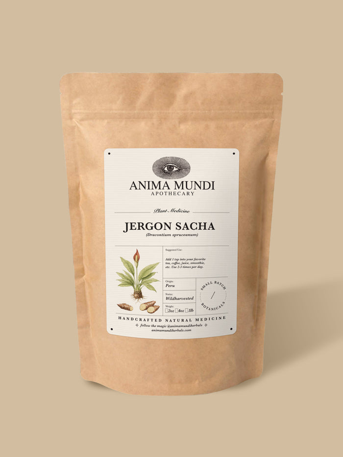 A kraft paper stand-up pouch of Anima Mundi Apothecary Jergon Sachi herbal medicine, shown against a solid beige background.