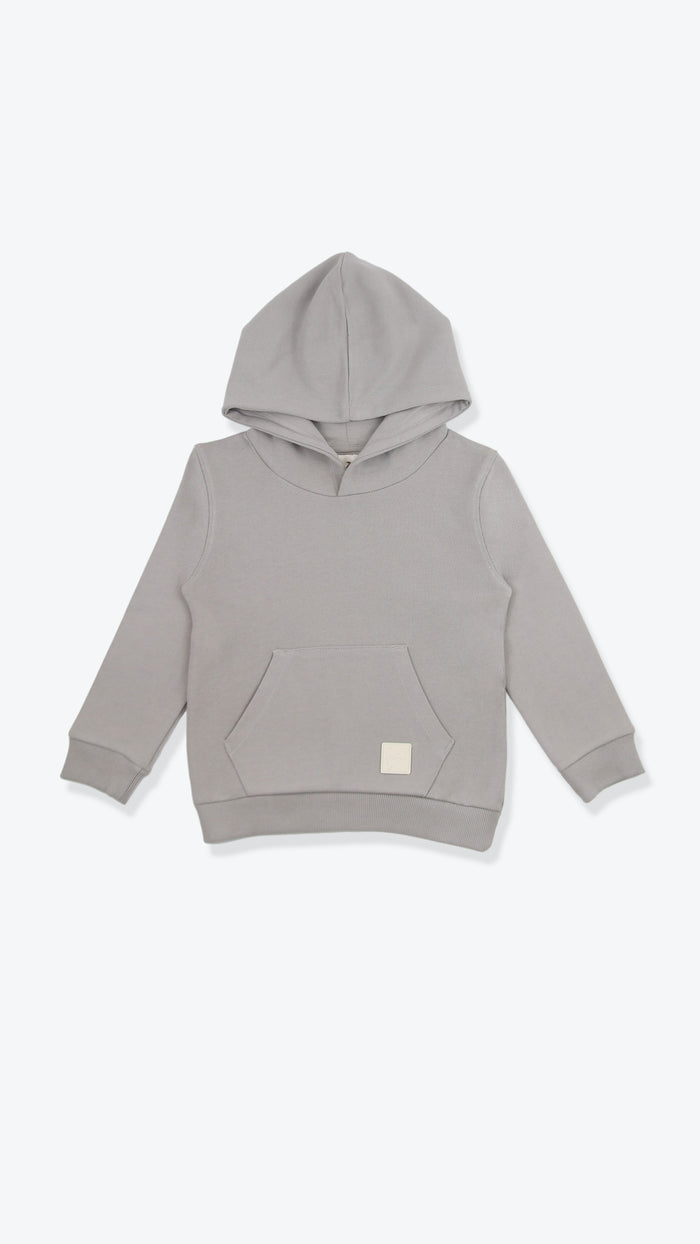 Organic french terry kids hoodie in pebble grey – front view