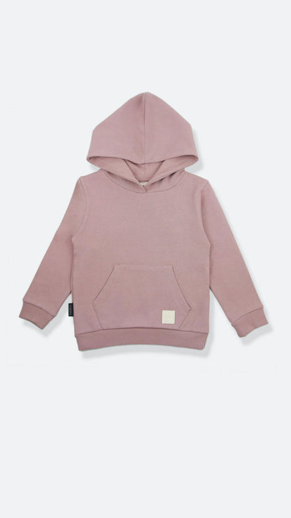 Organic french terry kids hoodie in mauve color – front view