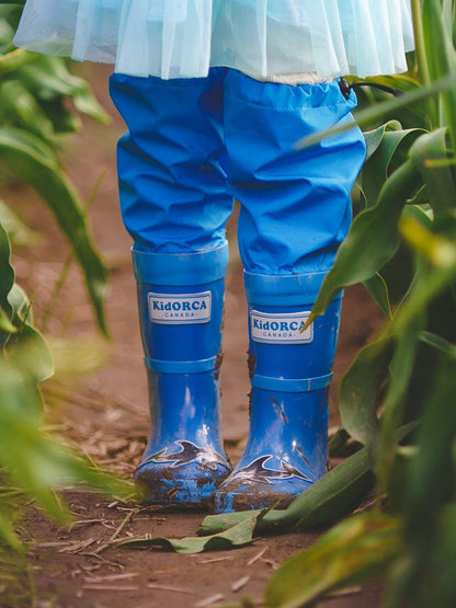 Kids blue rain boots with above-knee waders – front view
