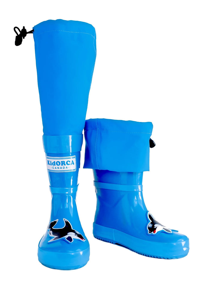 Kids blue rain boots with above-knee waders – front view