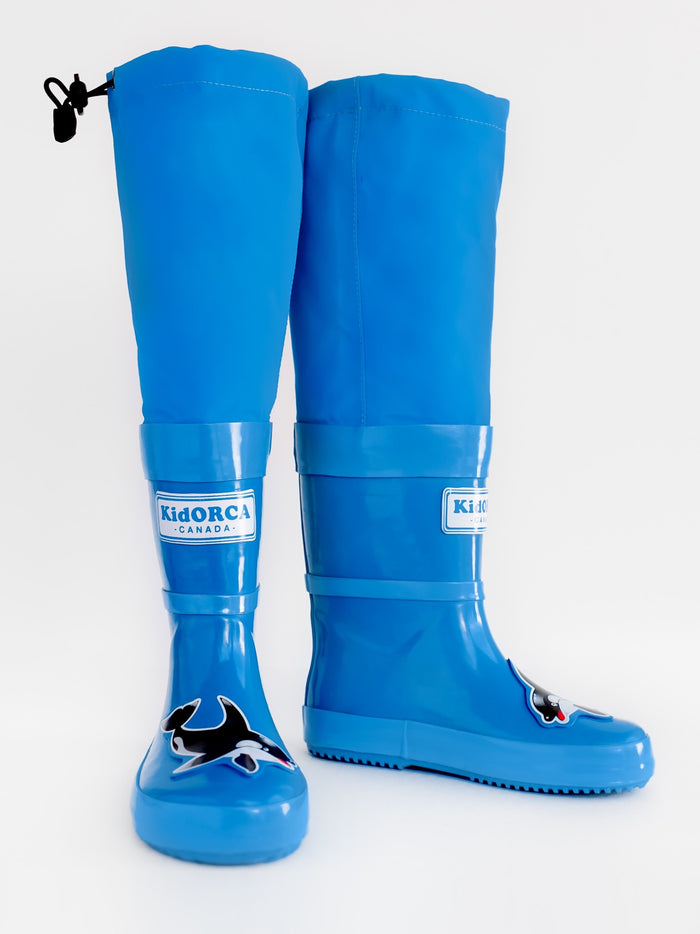 Kids blue rain boots with above-knee waders – front view