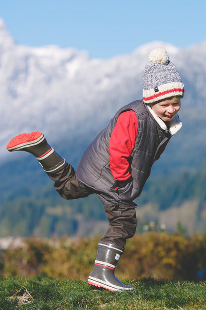 Child wearing grey above-knee rain waders – side view