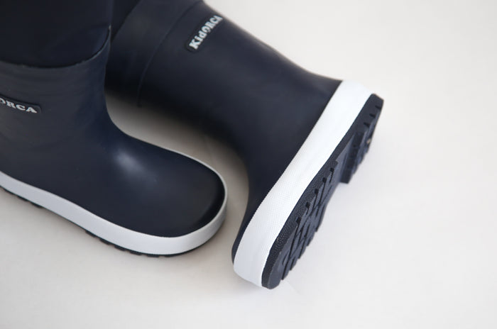 Close-up of waterproof rubber and non-slip sole – navy rain boots waders