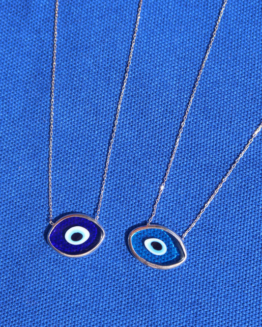 Two sterling silver 925 murano glass evil eye necklaces in dark blue and light blue made in Greece, Greek mati jewelry