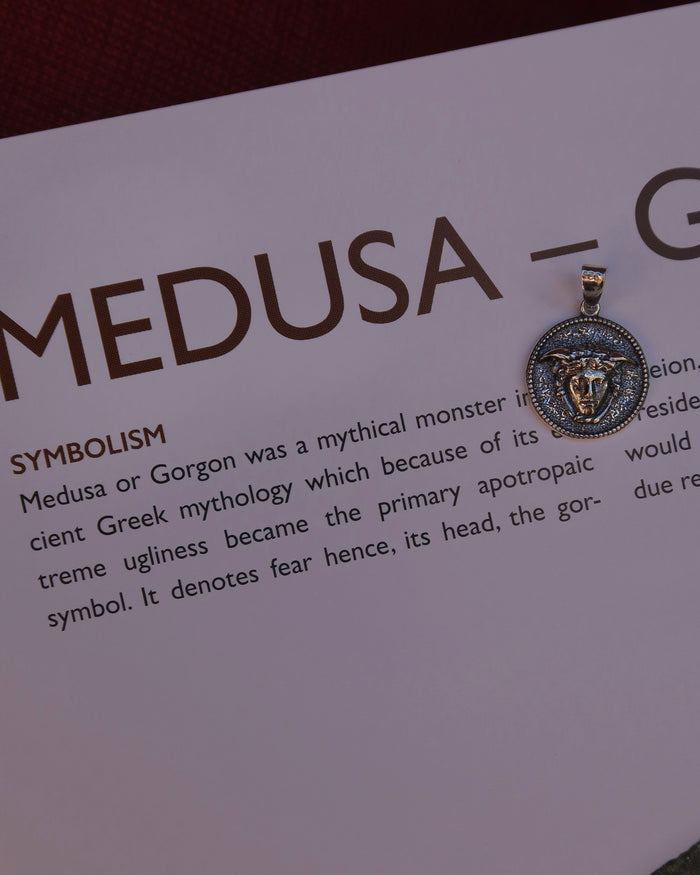 Oxidized silver Medusa pendant made in Greece; Greek mythology jewelry