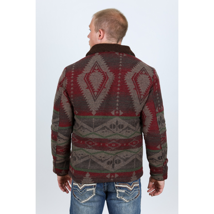 Men's Ethnic Aztec Quilted W/ Faux Fur Lined Jacket - Burgundy