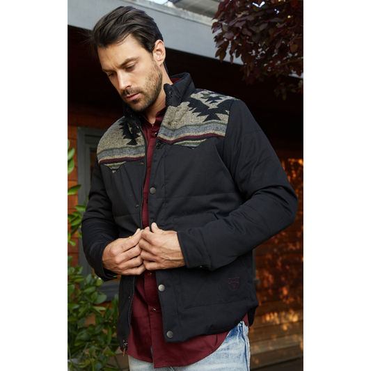 Men's Ethnic Aztec Quilted W/ Faux Fur Lined Twill Jacket - Black