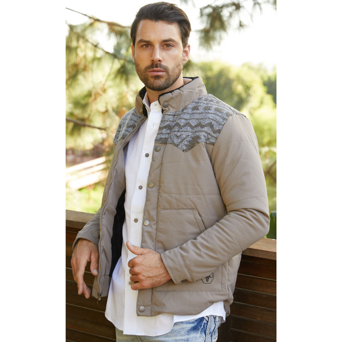 Men's Ethnic Aztec Quilted W/ Faux Fur Lined Twill Jacket - Light Grey