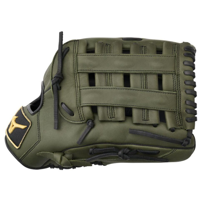 The Mizuno MVP Prime 14" Slowpitch Glove (GMVP1400PSP) features olive green Bio Soft Leather, black laces, and a gold Mizuno logo patch on the wrist, shown from a side view.