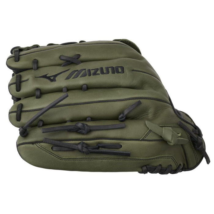 The Mizuno MVP Prime 14" Slowpitch Glove (GMVP1400PSP) features olive green Bio Soft Leather, black laces, and a black embroidered Mizuno logo on the back. The glove is closed and lies flat.