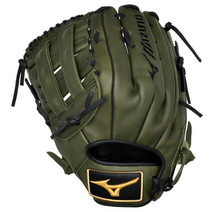 The Mizuno MVP Prime 14" Slowpitch Glove (GMVP1400PSP) features green Bio Soft Leather with black laces and trim, a black Mizuno logo on the back, and a gold-and-black patch by the wrist.