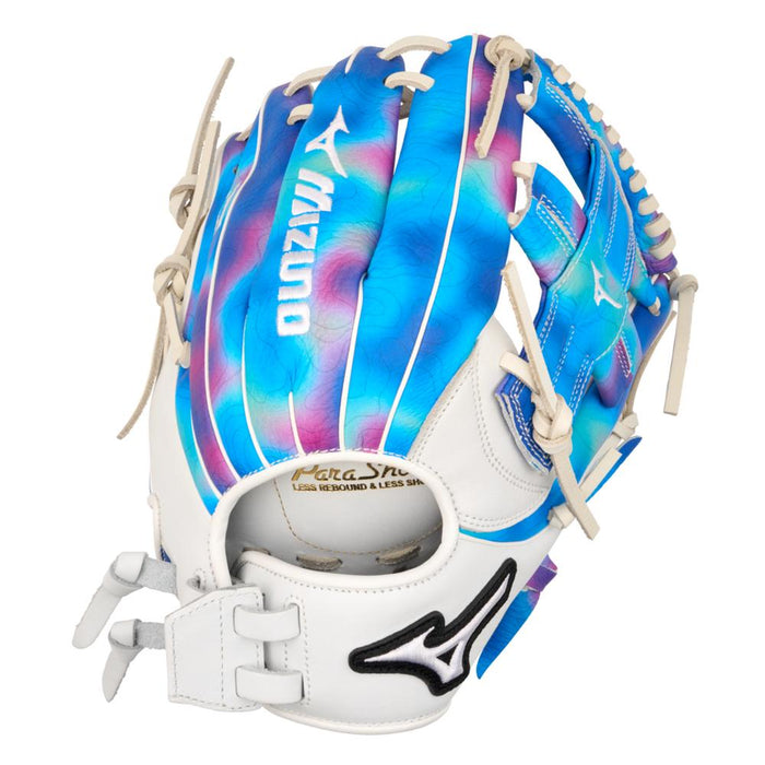 The Mizuno MVP Prime M-Print 11.75" Fastpitch Glove (GMVPF-50MP) features a vibrant blue, pink, and purple tie-dye design, white leather accents, tan laces, and the Mizuno logo in white.