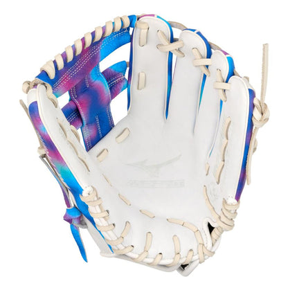 The Mizuno MVP Prime M-Print 11.75" Fastpitch Glove features a white design with cream laces and eye-catching blue, purple, and pink tie-dye accents along the inside and edges.