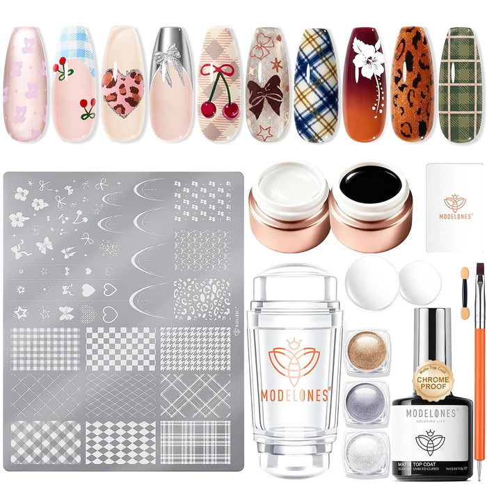 modelones 16Pcs Fall Nail Stamping Kit French Tip Stamper Plaid Stamp Plate