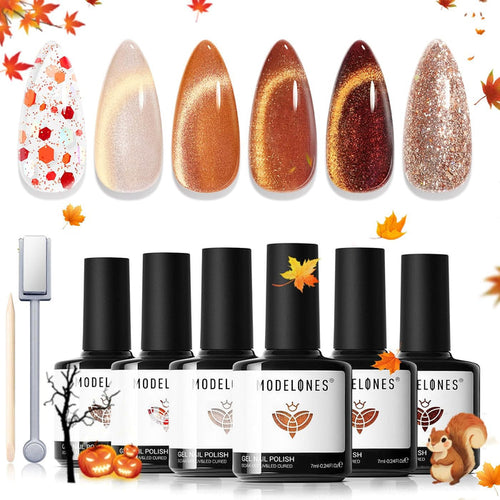 modelones Fall Cat Eye Gel Nail Polish Set, Nude Brown Yellow Burnt Orange