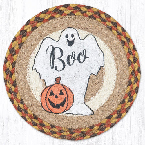 A round, hand stenciled trivet with a ghost design and a jack-o-lantern, featuring the word 'Boo'. The trivet has a braided border in orange, brown and yellow colors.