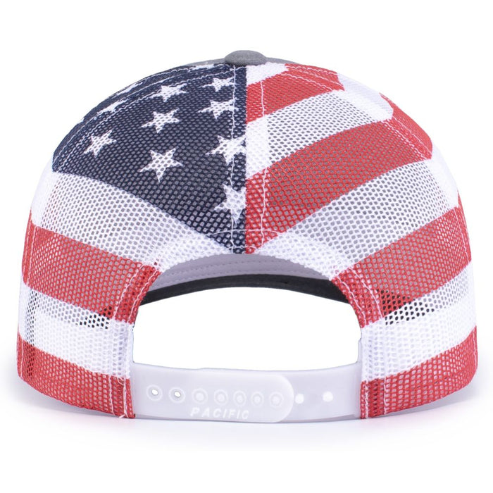 The Pacific Headwear NSA Flag Series Printed Snapback Hat (104P) is shown from the back, displaying an American flag design with red and white stripes, blue with white stars, mesh panels, and an adjustable PACIFIC-labeled strap.