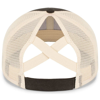 Rear view of the Pacific Headwear NSA Script Ladies Ponytail Cap (P130) with a black brim, beige mesh panels, and crisscross elastic bands above an adjustable strap—ideal for fans of the National Softball Association.