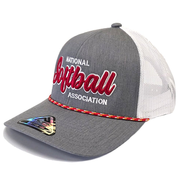 The Pacific Headwear NSA Script Trucker Snapback Braid Hat (104BR) features a gray and white mesh design with "National Softball Association" embroidered in red and white, plus a red and yellow rope across the brim for classic style.