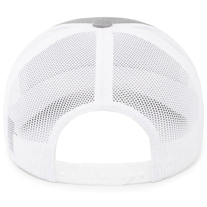 The image shows the back of a white Pacific Headwear NSA Script Trucker Snapback Braid Hat (104BR), featuring a 3D script logo, adjustable snapback closure, and breathable mesh for a classic sporty style.