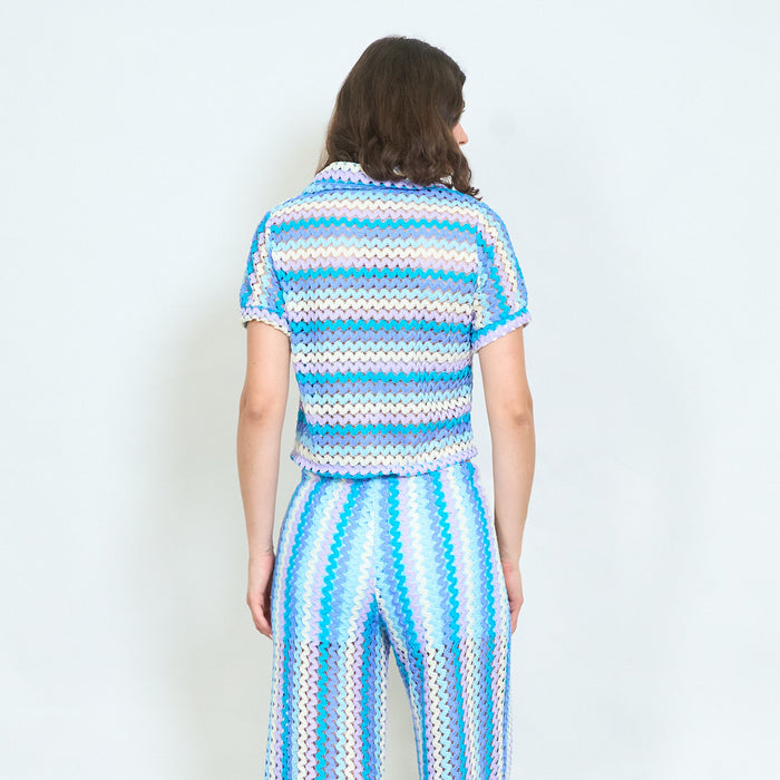 Openwork striped knitted collared blouse wholesale