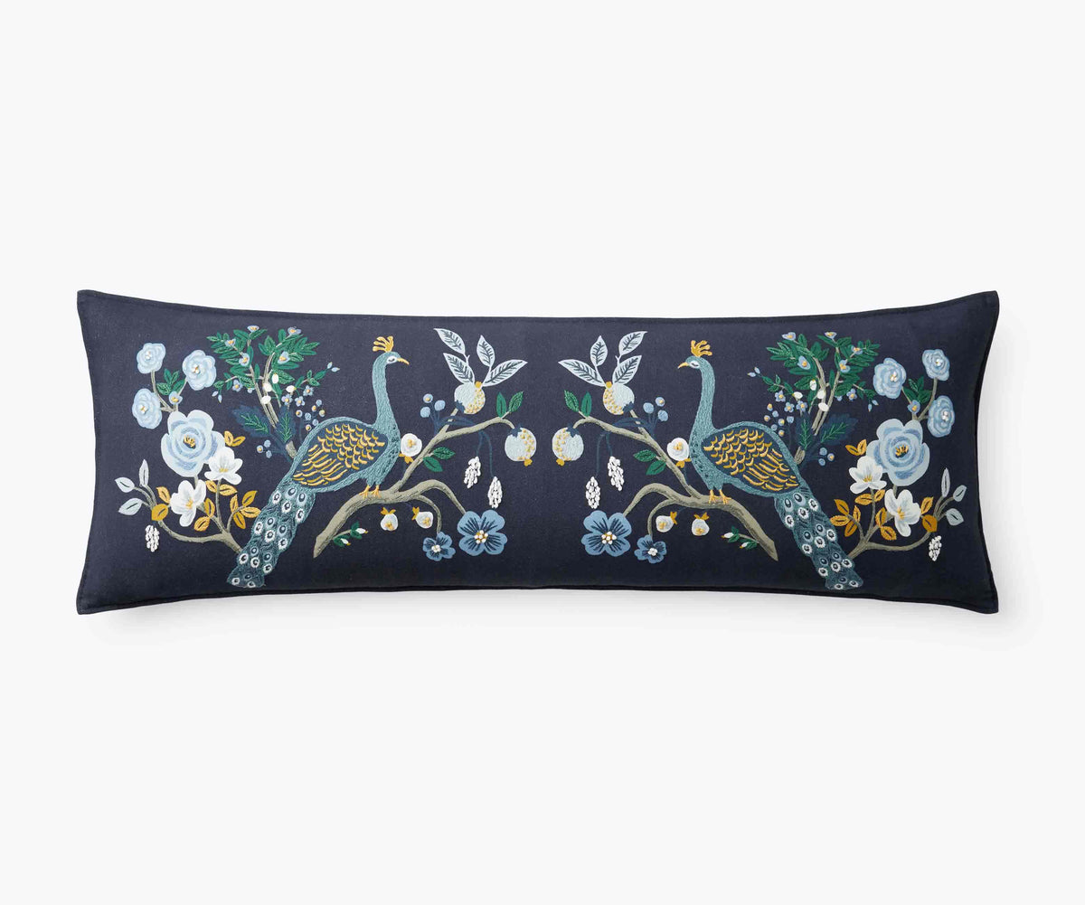 Embroidered Lumbar Pillow Cover - Peacock