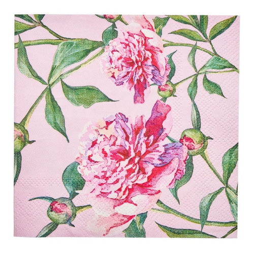 A pack of cocktail napkins with a floral pattern, featuring pink peonies and green leaves on a pink background.