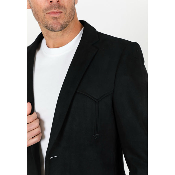 Platini Men's Double Button Faux Suede Blazer- Black
