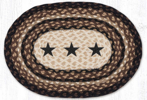 Brown, black ,and tan jute placemat with three black stars in center.