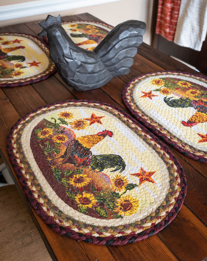 Placemat with country style rooster and sunflower design made with braided jute.