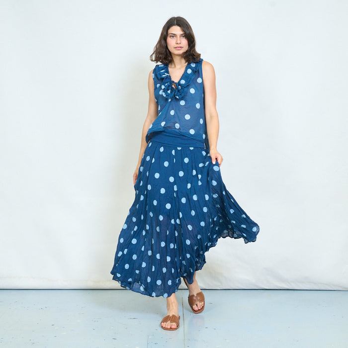 Polka dot ruffle tie-neck sleeveless blouse wholesale