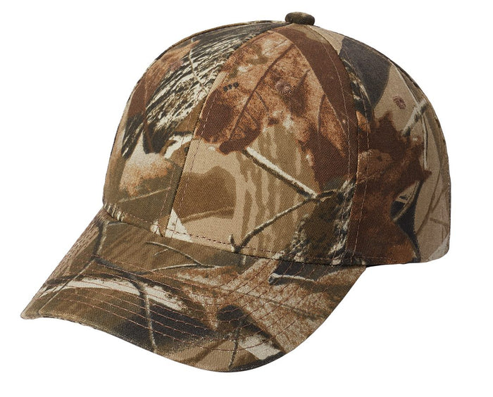 Port Authority Pro Camouflage Series Cap featuring structured crown, pre-curved visor, and all-over camo print
