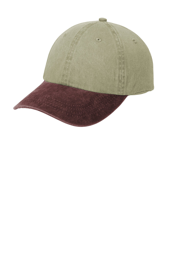 Port & Co™ Two-Tone Pigment-Dyed Cap.CP83 in Khaki/Maroon