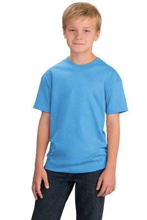 Young boy wearing Port & Company Youth Essential Tee in light blue, showcasing short sleeves and classic crew neck.