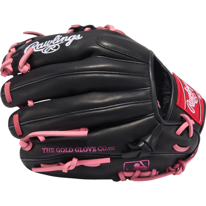 The Rawlings R9 11.25" ContoUR youth baseball glove (R91125U-2BP) features a black design with pink laces, pink Gold Glove Co. and MLB logos, white Rawlings branding on top, and is made for infield play.