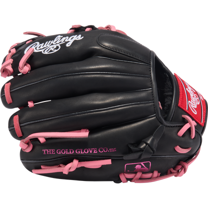 The Rawlings R9 11.25" ContoUR youth baseball glove (R91125U-2BP) features a black design with pink laces, pink Gold Glove Co. and MLB logos, white Rawlings branding on top, and is made for infield play.