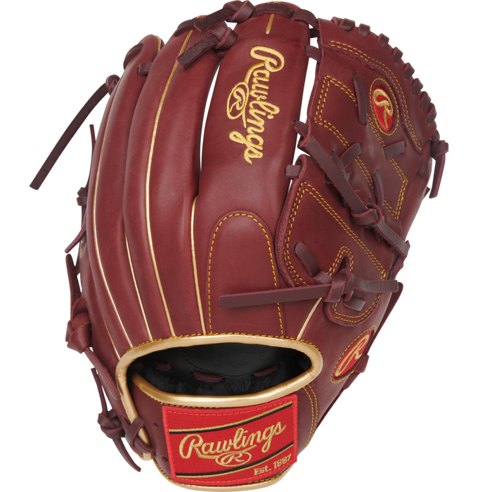 The Rawlings R9 12" Baseball Glove (R9206-9SH) features brown leather with gold and red accents, visible stitching, and the Rawlings logo on the wrist strap and glove back.