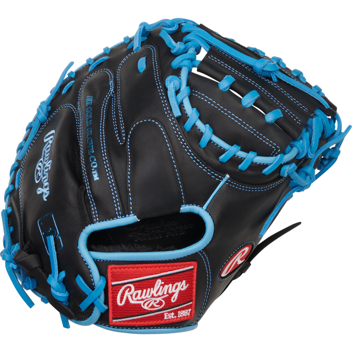 The Rawlings R9 32.5" Baseball Catcher's Mitt (R9CM325BCB) is a black youth catcher's mitt with bright blue laces, white stitching, an open web design, and a red and white Rawlings logo patch near the wrist.