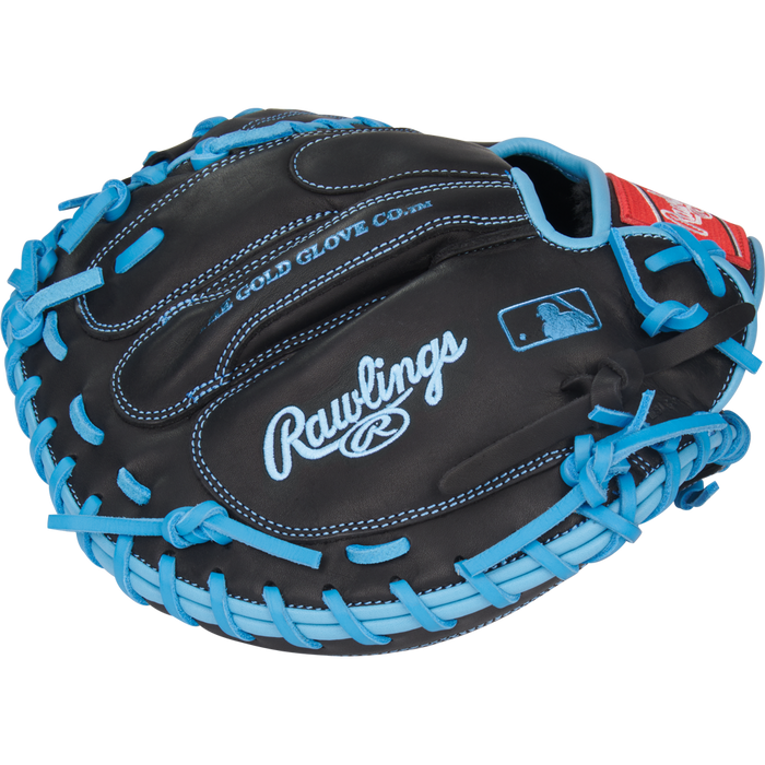 A Rawlings R9 32.5" Baseball Catcher's Mitt (R9CM325BCB) in black with light blue laces and stitching, Rawlings branding, and a Gold Glove Company label is displayed against a white background.