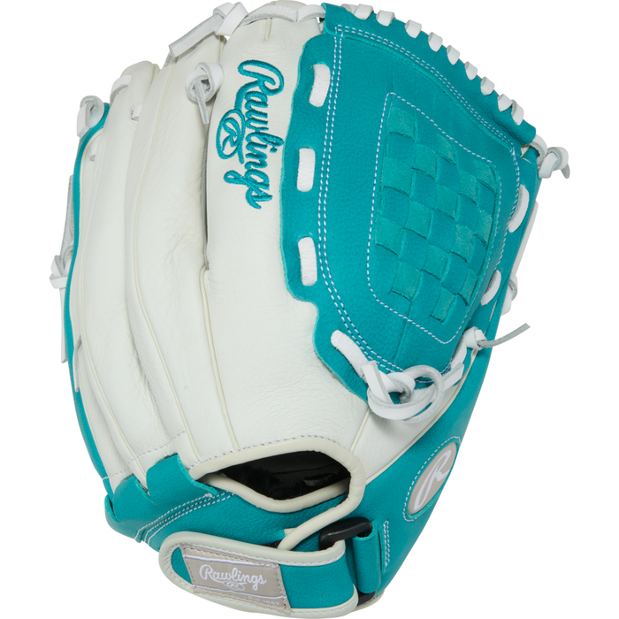 The Rawlings Shut Out 12" Fastpitch Glove (RSO120W) features a teal and white design with teal stitching, laces, and branding, a woven basket web, and an adjustable Velcro wrist strap.