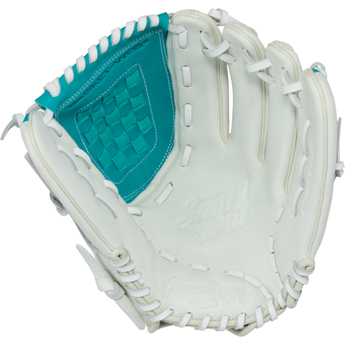 The Rawlings Shut Out 12" Fastpitch Glove (RSO120W) features white leather with teal accents, a woven pocket, and visible stitching, plus the Rawlings and Shut Out logos on the palm and thumb.