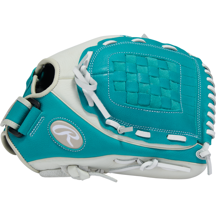 A Rawlings Shut Out 12" Fastpitch Glove (RSO120W) in teal and white with white laces and a basket-weave pocket, shown from the side on a white background.