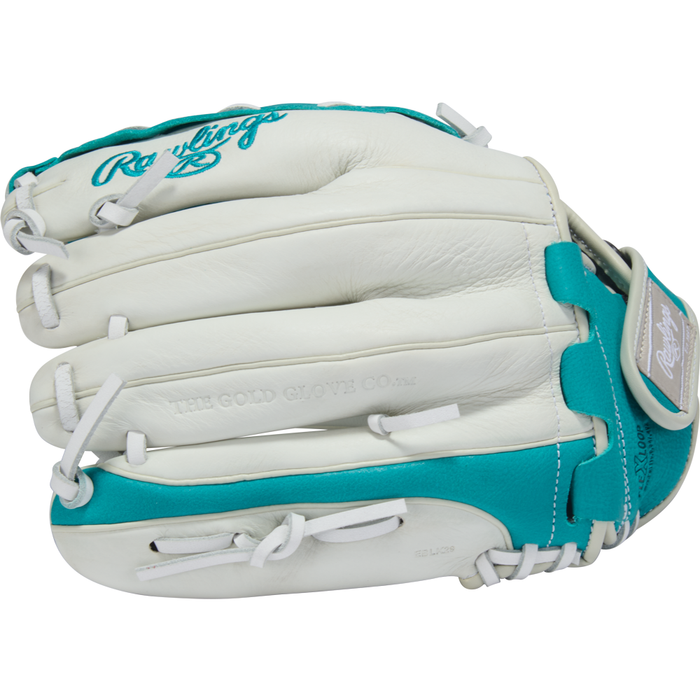 A Rawlings Shut Out 12" Fastpitch Glove (RSO120W), white with teal accents, teal stitching and laces, and THE GOLD GLOVE CO. embossed on the side.