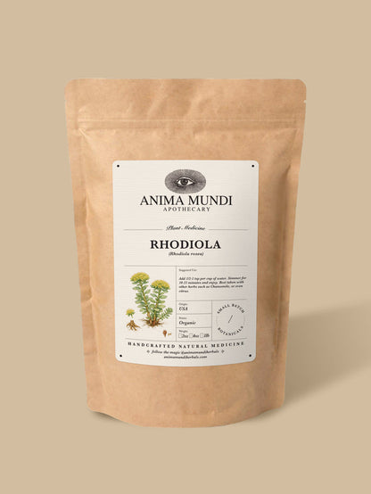 A kraft paper stand-up pouch of Anima Mundi Apothecary Rhodiola herbal medicine, shown on a solid beige background.