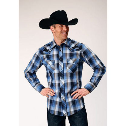 Roper Men's Blue Plaid Embroidered Long Sleeve Snap Western Shirt