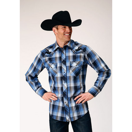 Roper Men's Blue Plaid Embroidered Long Sleeve Snap Western Shirt