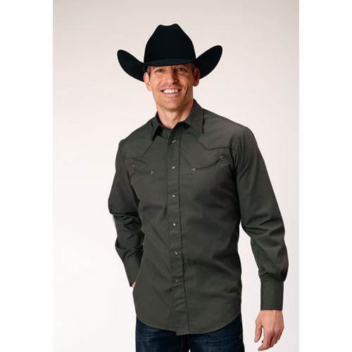 Roper Men's Charcoal Grey Embroidered Long Sleeve Snap Western Shirt