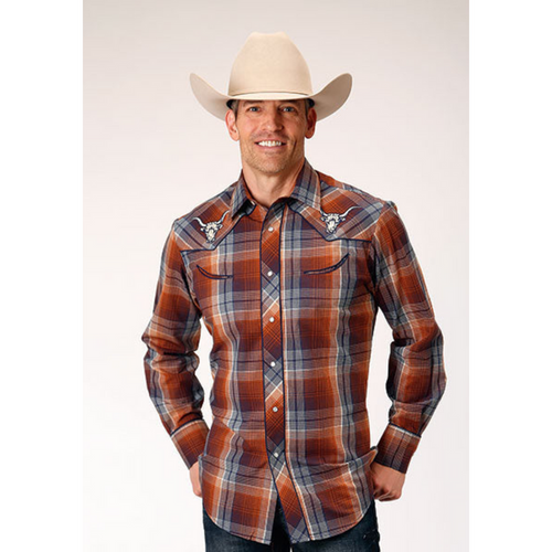 Roper Men's Red Plaid Embroidered Long Sleeve Snap Western Shirt