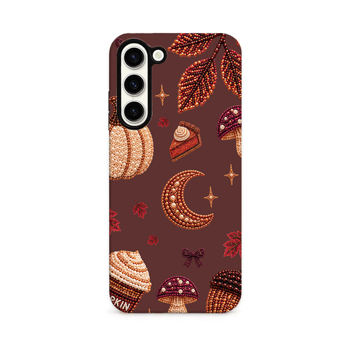 Cute autumnal beaded icons on a warm brown background.